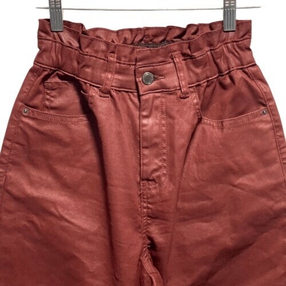 Zara Maroon Paperbag Waist‎ Coated Tapered Pants High Rise Small - Picture 3 of 10
